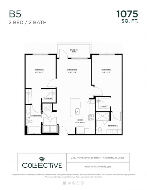 Floor plan for 2 beds, 2 baths, 1075 sqft